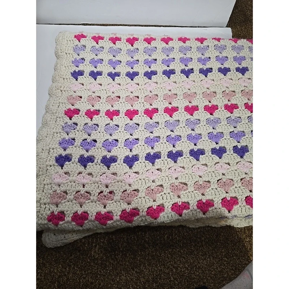 Handmade Afghan Crochet Multicolor Hearts Throw Grannycore Valentine's Day